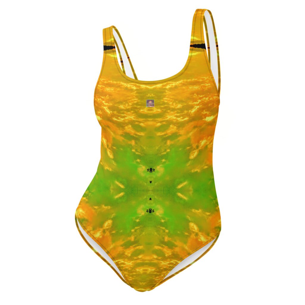 Designer One-Piece Swimsuit Arkansas Teal Green Orange Cream Skies