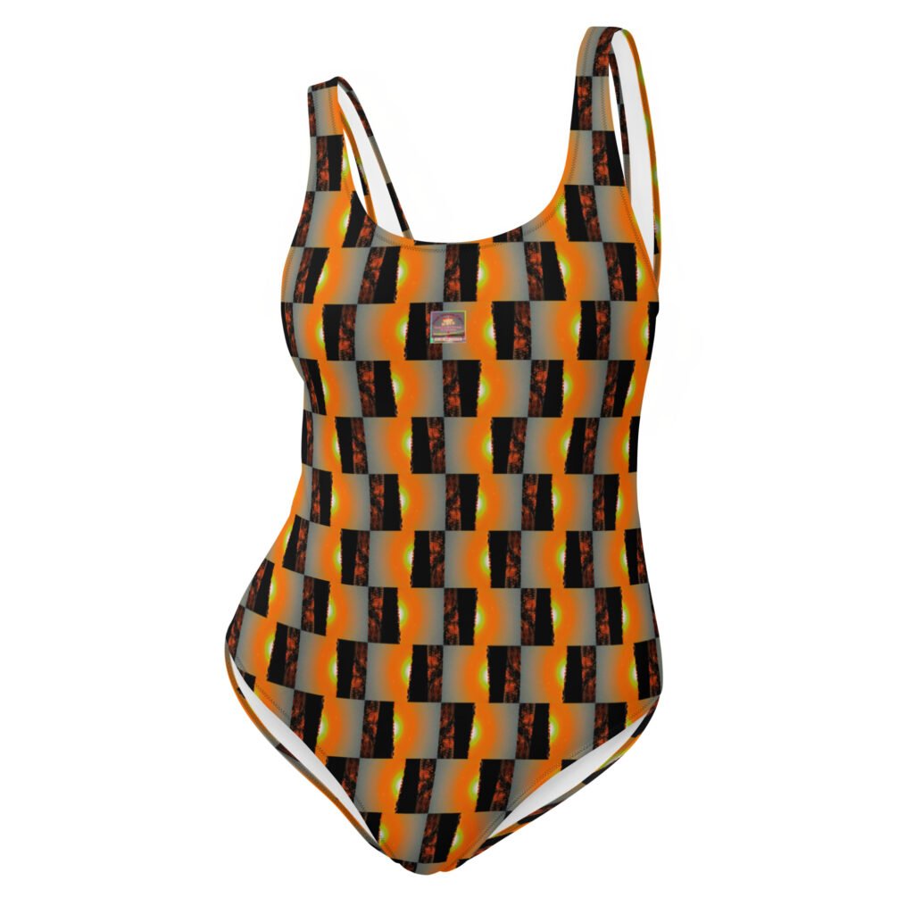 Designer Swimsuit Lime -Green Orange Grey Skies