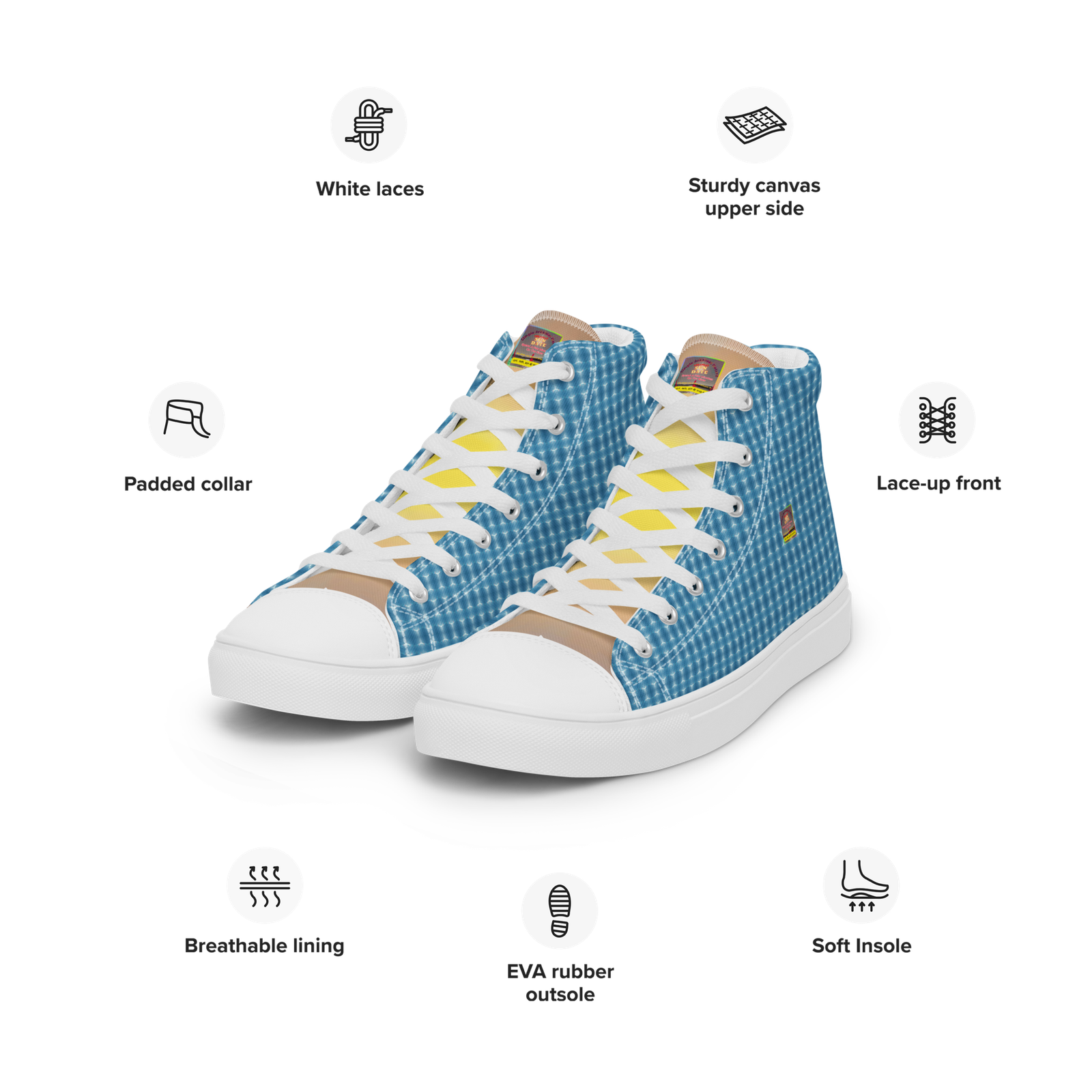 "Natty Kicks" Men’s High Top Canvas Shoes Ocean Blue Mirror Print - Image 6