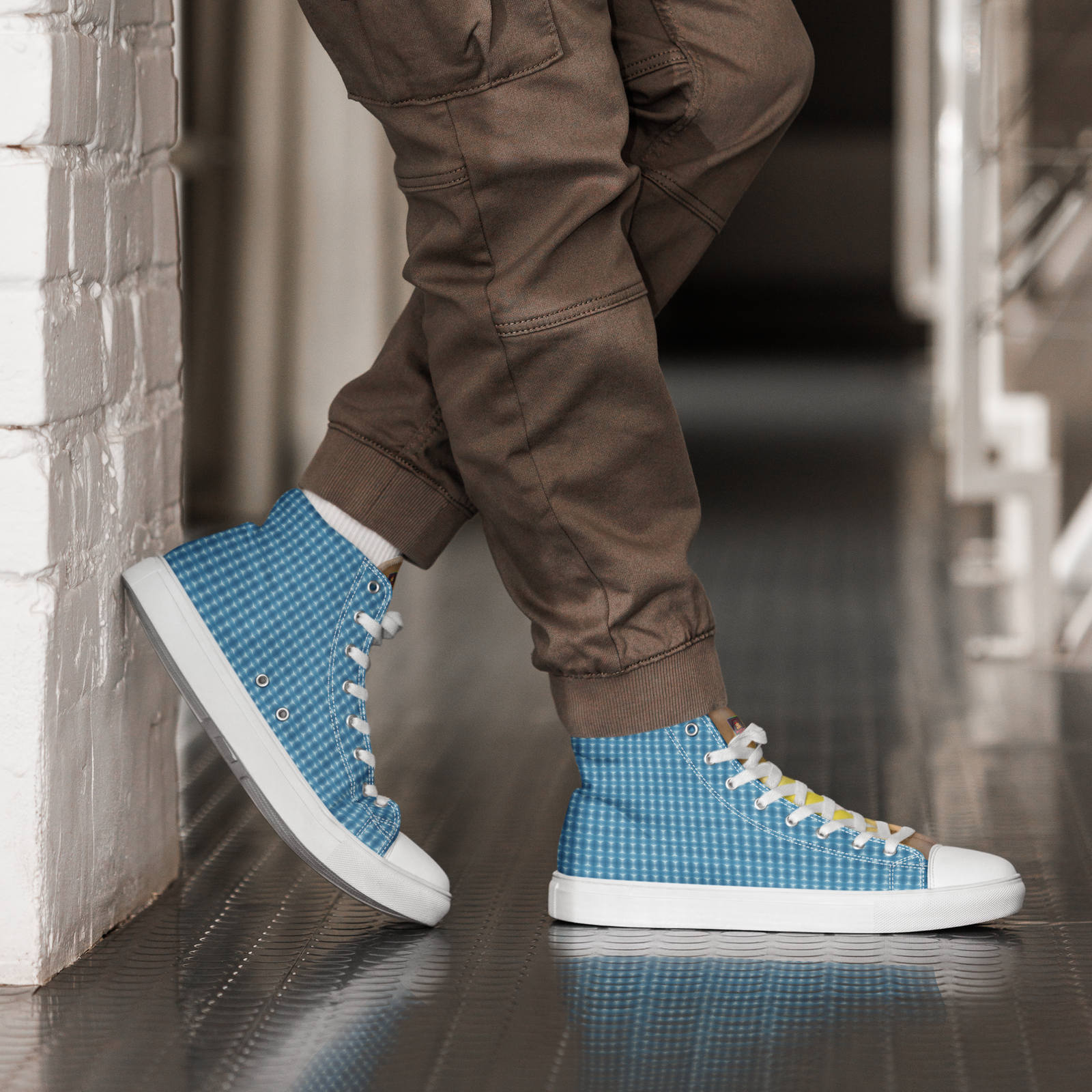 "Natty Kicks" Men’s High Top Canvas Shoes Ocean Blue Mirror Print - Image 4